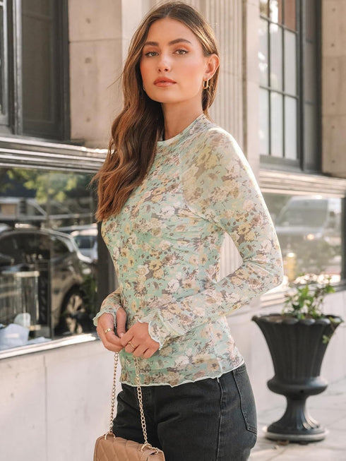High Collar Long Sleeve Lace Floral Mesh
