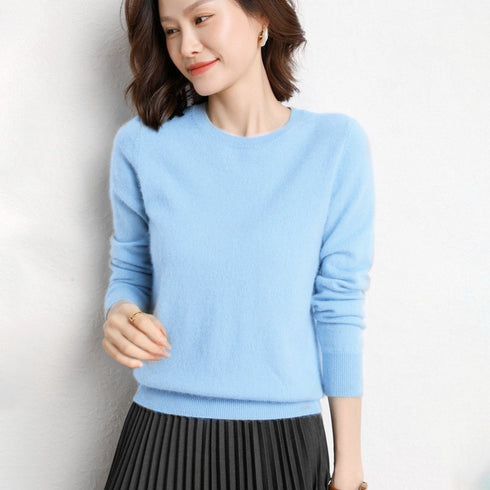 Ladies Solid Color Round Neck Long Sleeve Pullover Sweater