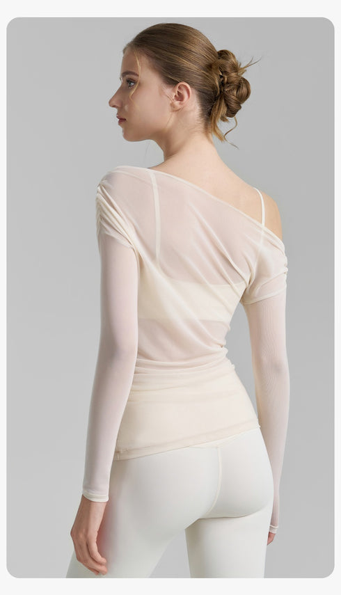 Oblique Shoulder Mesh Yoga Shirt Pleated Sports Top