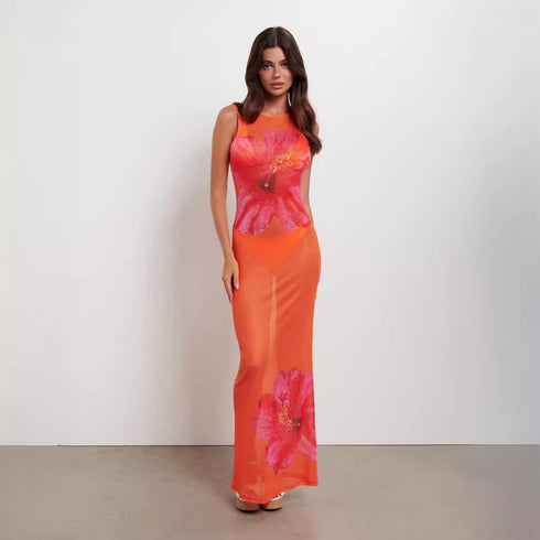 Women’s Floral Print Sleeveless Slim-Fit Long Dress