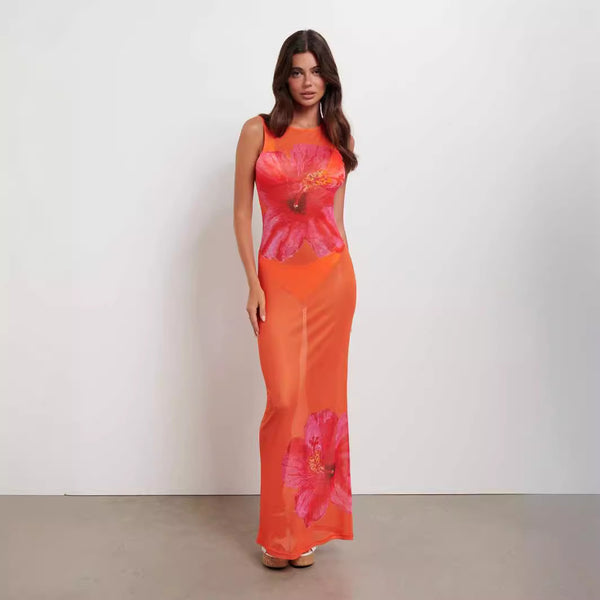 Women’s Floral Print Sleeveless Slim-Fit Long Dress