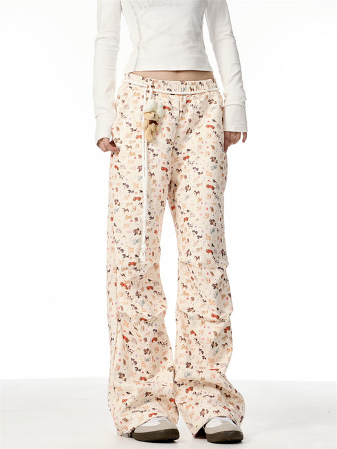 American Hand Drawn Puppy Full Printed Casual Pants Cute Doll Drooping Wide-leg Pants Female