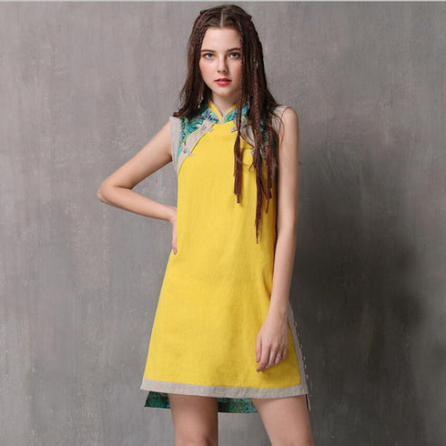 Cotton Linen Cheongsam Mini Dress