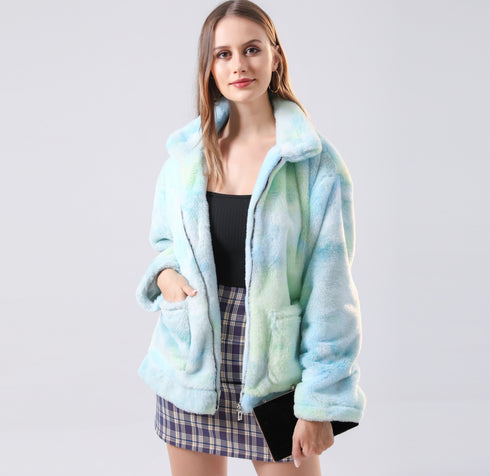 Contrast tie-dye long-sleeved plush jacket