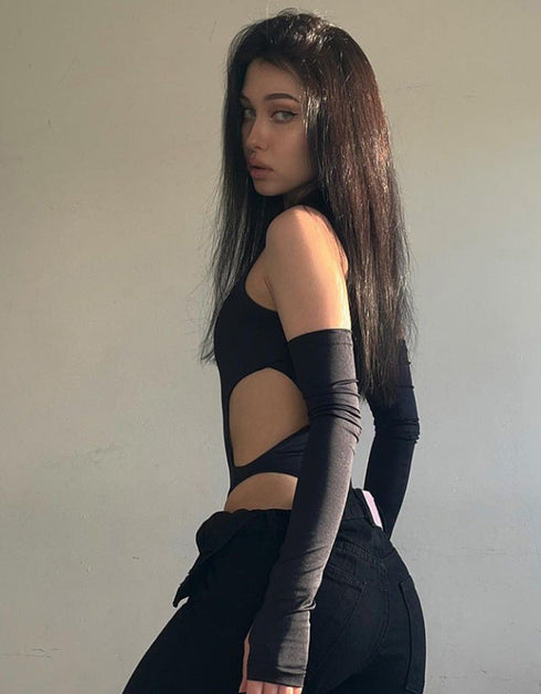 Off-the-shoulder Ripped Hollow-out Tight Long Sleeve Jumpsuit Women