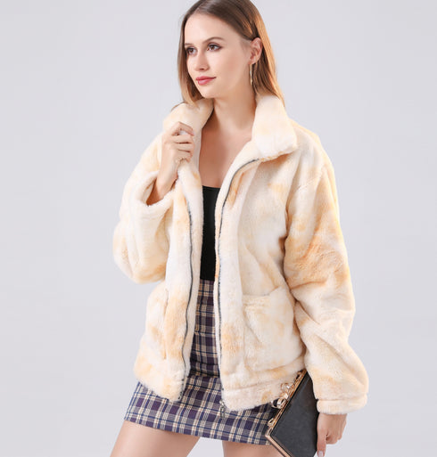 Contrast tie-dye long-sleeved plush jacket