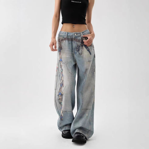 Women's American-style Retro 3D Printed Washed Wide-leg Pants