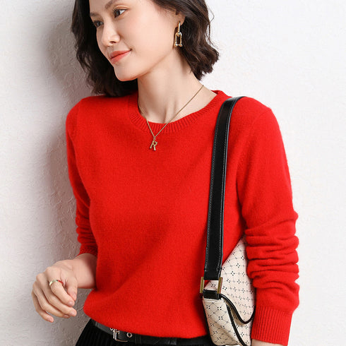 Ladies Solid Color Round Neck Long Sleeve Pullover Sweater