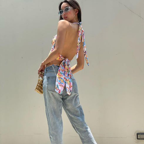 Halter Neck Tie-String Printed Tank Top
