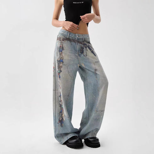 Women's American-style Retro 3D Printed Washed Wide-leg Pants