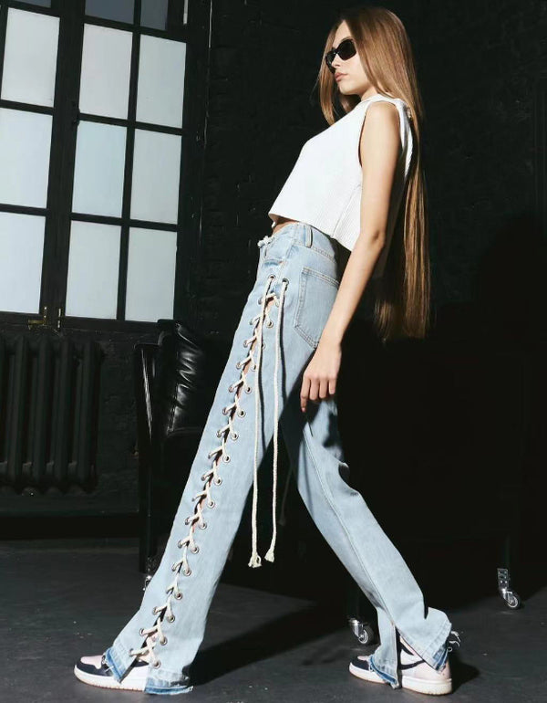 Lace Up Straight Jeans