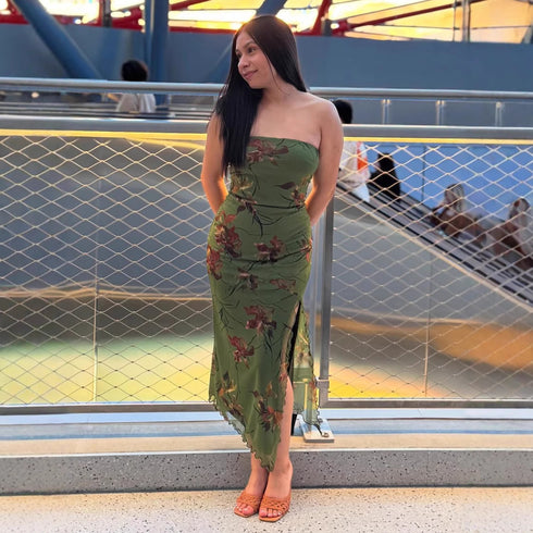 Retro Printed Halter Split Double-Layer Dress