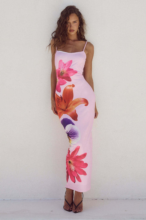 Strappy floral print fitted long dress