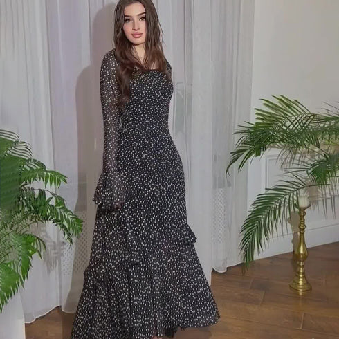 Chiffon Polka Dots Lotus Leaf Sleeve Stitching Irregular Dress