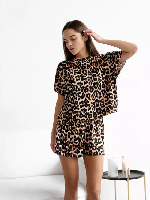 Leopard Print Short Sleeve Suit For Women