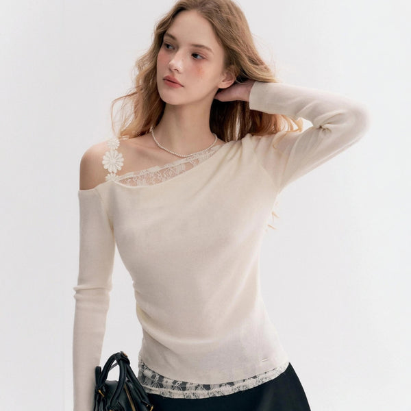 Lace Trim Off-Shoulder Long Sleeve Top