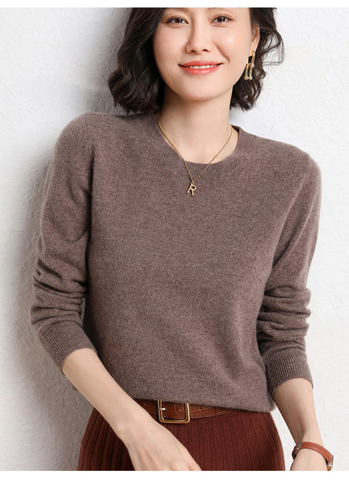 Ladies Solid Color Round Neck Long Sleeve Pullover Sweater