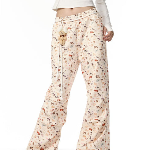 American Hand Drawn Puppy Full Printed Casual Pants Cute Doll Drooping Wide-leg Pants Female