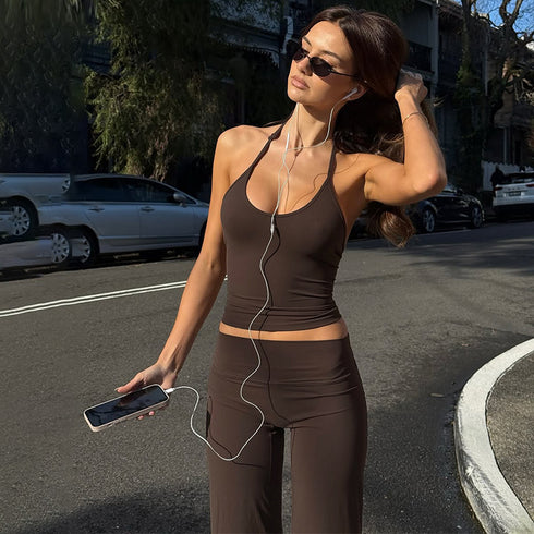 Fashion Backless Small Vest Slim-fit Solid Color Casual Leggings Suit