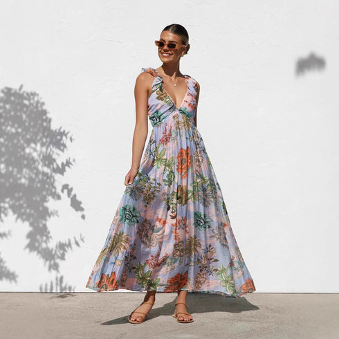 Women's Printed V-neck Large Swing Suspender Dress