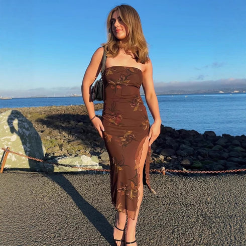 Retro Printed Halter Split Double-Layer Dress