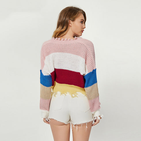 Color-block Striped Low-cut Deep V-neck Irregular Sweater Knit For Women