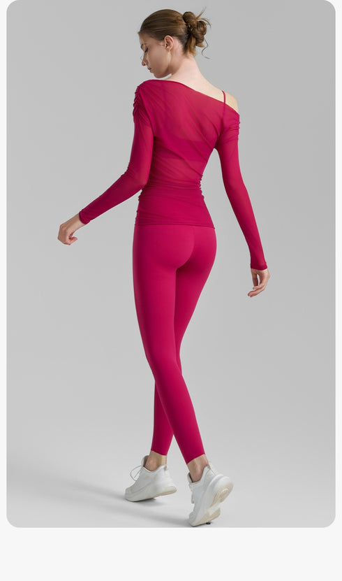 Oblique Shoulder Mesh Yoga Shirt Pleated Sports Top