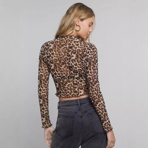 Leopard Print Stand Collar Long Sleeve T-shirt For Women