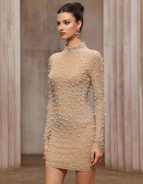 Pearl & Rhinestone Mesh Mini Dress