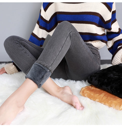 High-looking Smoky Gray High Waist Velvet Padded Jeans