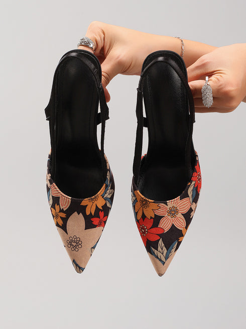 Floral Embroidered Slingback Stiletto Heels