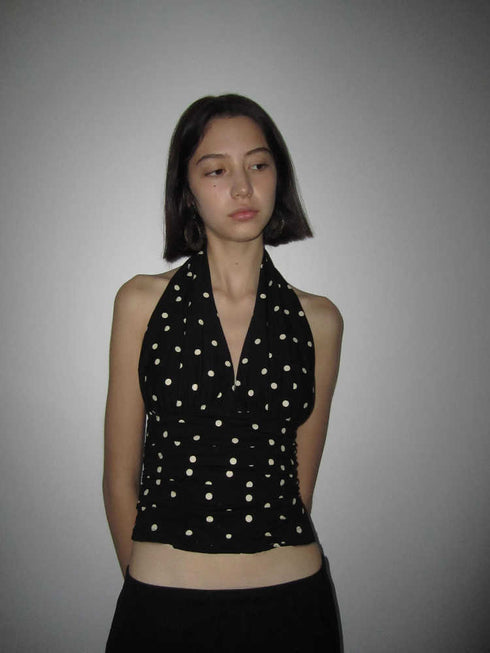 Polka Dot Halter Neck Sleeveless Crop Top