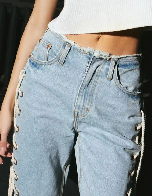 Lace Up Straight Jeans