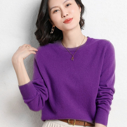 Ladies Solid Color Round Neck Long Sleeve Pullover Sweater