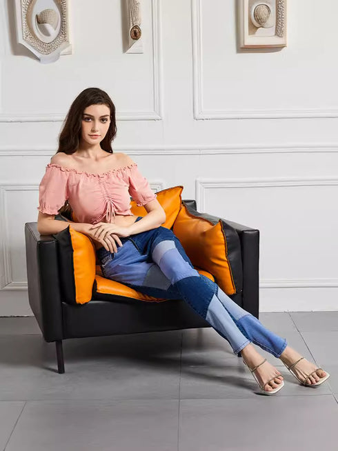 High-waisted color-blocked denim pants