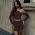 New Oblique Shoulder Long-sleeved Top Slim-fit Pleated Ribbon Hip-wrapped Skirt Outfit