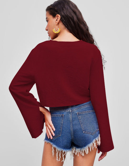 V-Neck Cropped Long Sleeve Top
