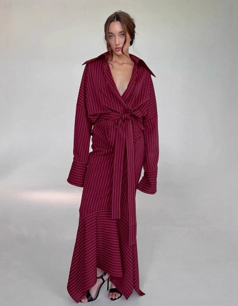 Striped Wrap Shirt & Maxi Skirt Set
