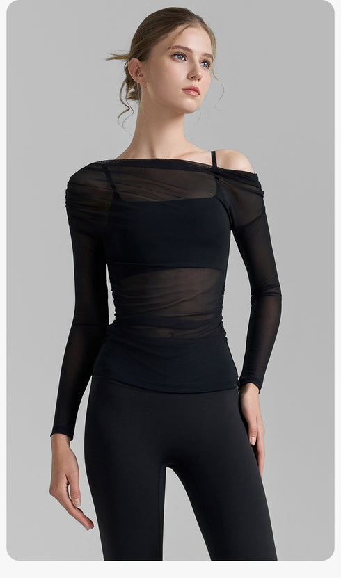 Oblique Shoulder Mesh Yoga Shirt Pleated Sports Top