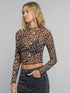 Leopard Print Stand Collar Long Sleeve T-shirt For Women