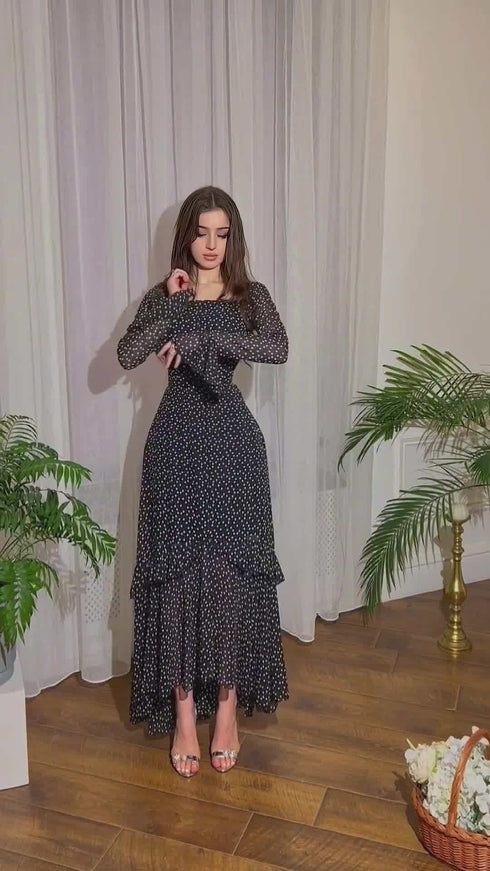 Chiffon Polka Dots Lotus Leaf Sleeve Stitching Irregular Dress