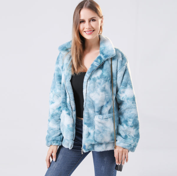 Contrast tie-dye long-sleeved plush jacket