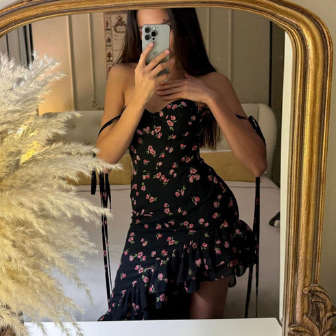 Printed Mesh Flounce Trim Lace Up Dress