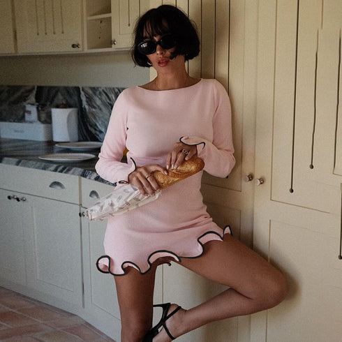 Color-blocking wavy ruffled dress