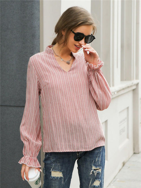 Striped V-Neck Loose Fit Long Sleeve Blouse
