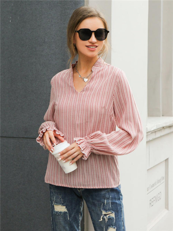 Striped V-Neck Loose Fit Long Sleeve Blouse