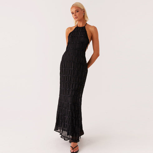 Backless Pleated Lace-up Long Dress