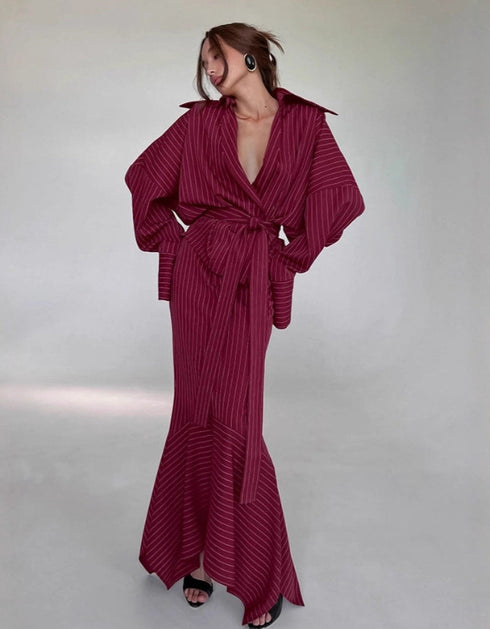 Striped Wrap Shirt & Maxi Skirt Set