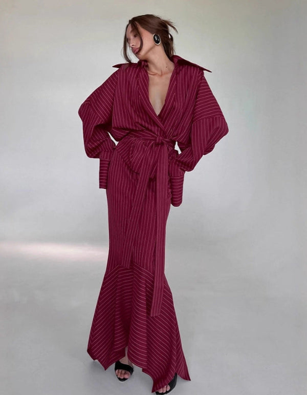 Striped Wrap Shirt & Maxi Skirt Set