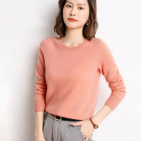 Ladies Solid Color Round Neck Long Sleeve Pullover Sweater